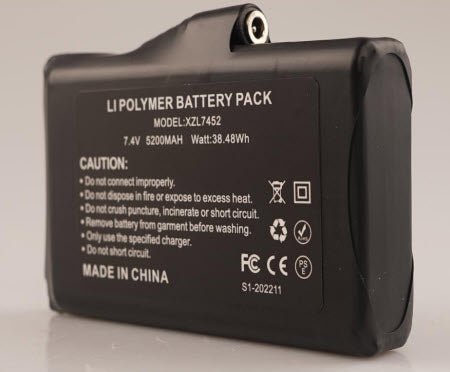 An image of the 7.4V battery showing the Model number, voltage, MAH capacity, and Wattage, with the standard warning label under the word 'Caution'. Warnings are listed as such: Do not connect improperly, Do not dispose in fire or expose to excess heat, Do not crush, puncture, incinerate, or short circuit, Remove battery from garment before washing, Only use the specified charger, and do not short circuit.