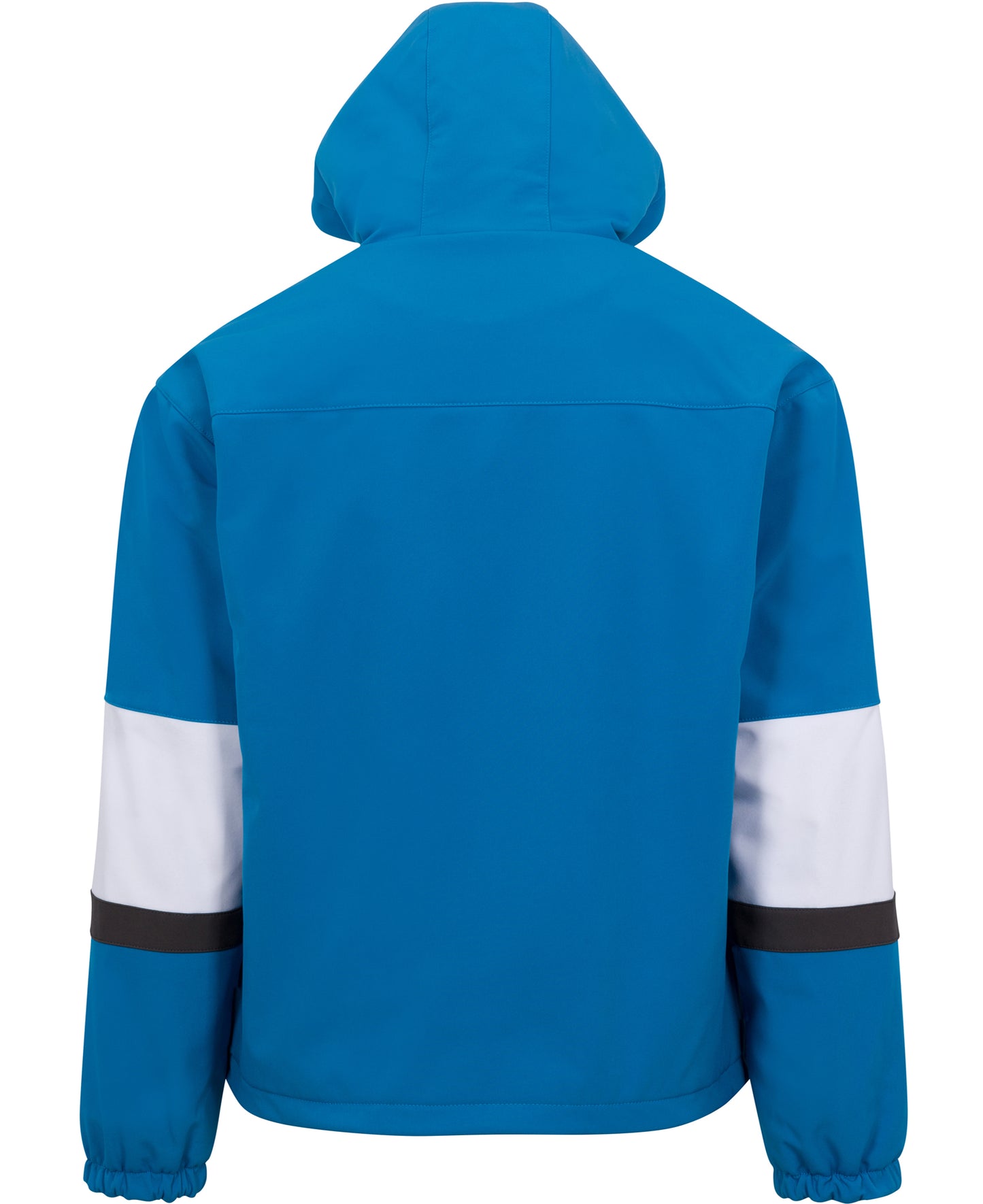 Rear of the 7K2 jacket. Jacket is cobalt blue. Rear of jacket is entirely blue, with no white or grey stripes. Rear of sleeves can be seen, showing the large white stripe just below the center of the sleeve, with a smaller grey stripe just below the large white stripe. Elastic cuffs and bungee waistline hem.