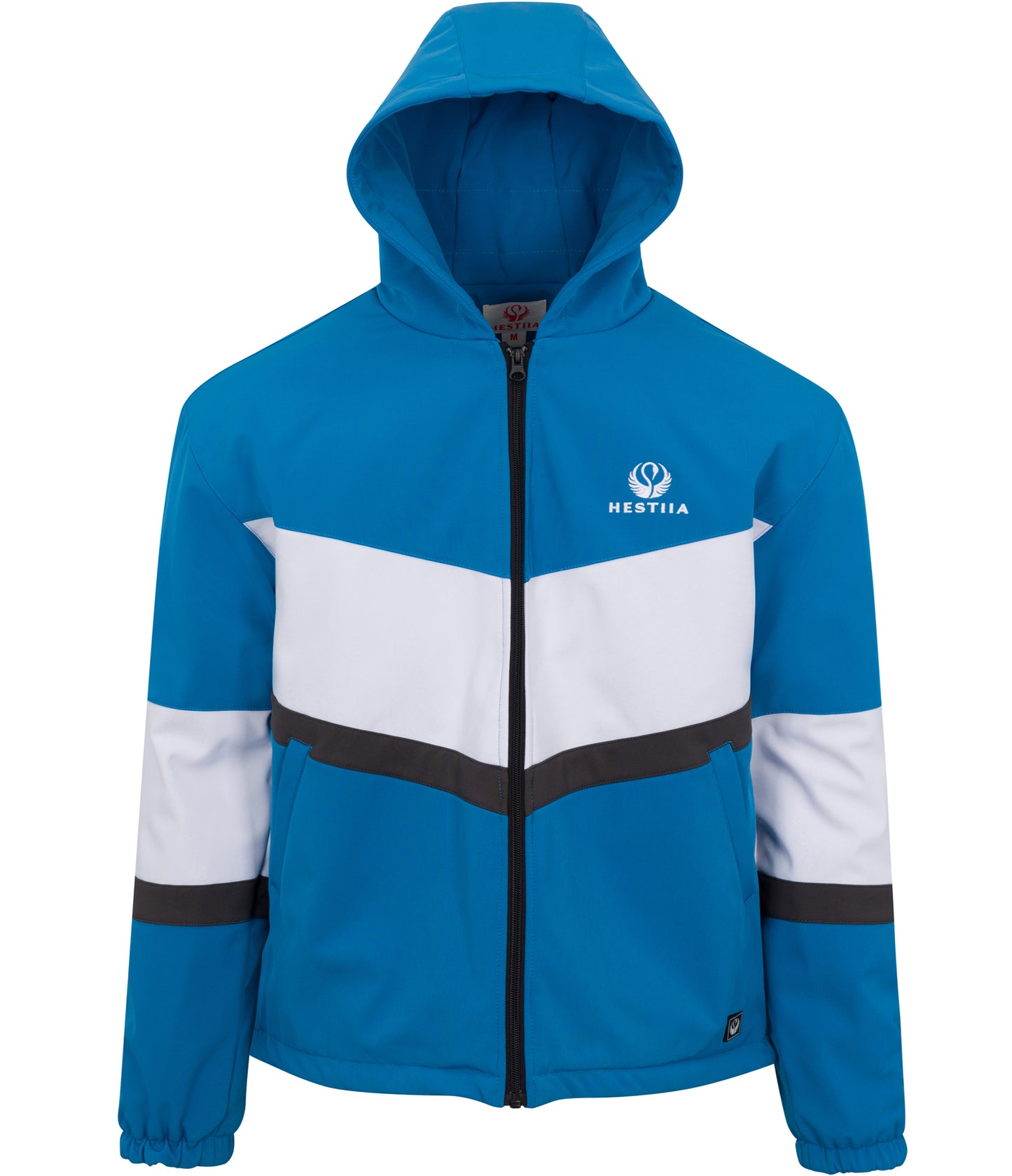 Hestiia 7K2 Heated Jacket front view, showing the hood up, and the jacket zipped up. Hestiia Icon is on the wearer's left side, near the top of the chest area. Jacket is cobalt blue, with a large white stripe across the center of the jacket chest area and across center of the sleeves, with a smaller grey stripe below the white panels. There are two pocket on either side. Heat activation controller with Hestiia icon at wearer's lower left near. Elastic hem at the cuff of the sleeves and bungee waistline hem.