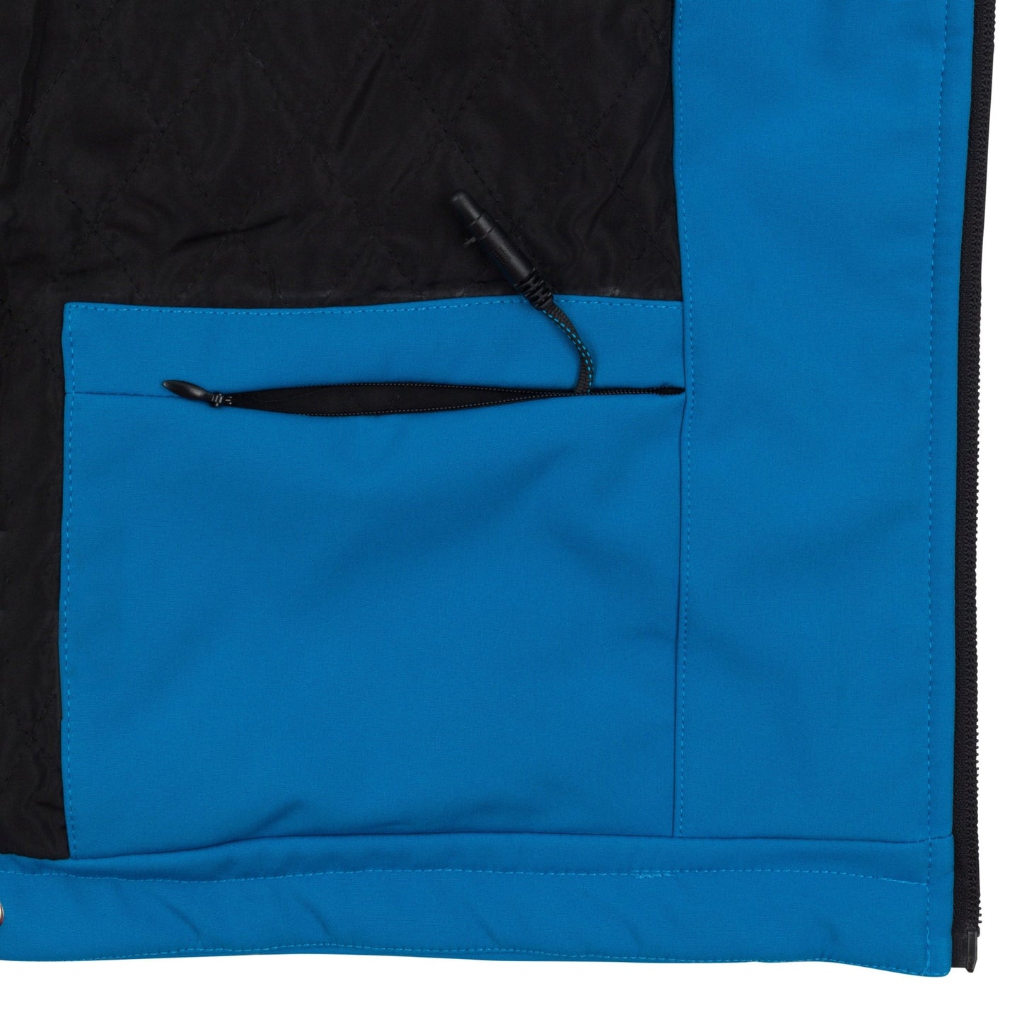Close up of the interior jacket area on wearer's left side at the lower corner near the zipper. The battery storage pocket can be seen zipped open with the heating system connector wire protruding from the jacket, demonstrating where the small battery pack is stored. Interior quilted lining can be seen.