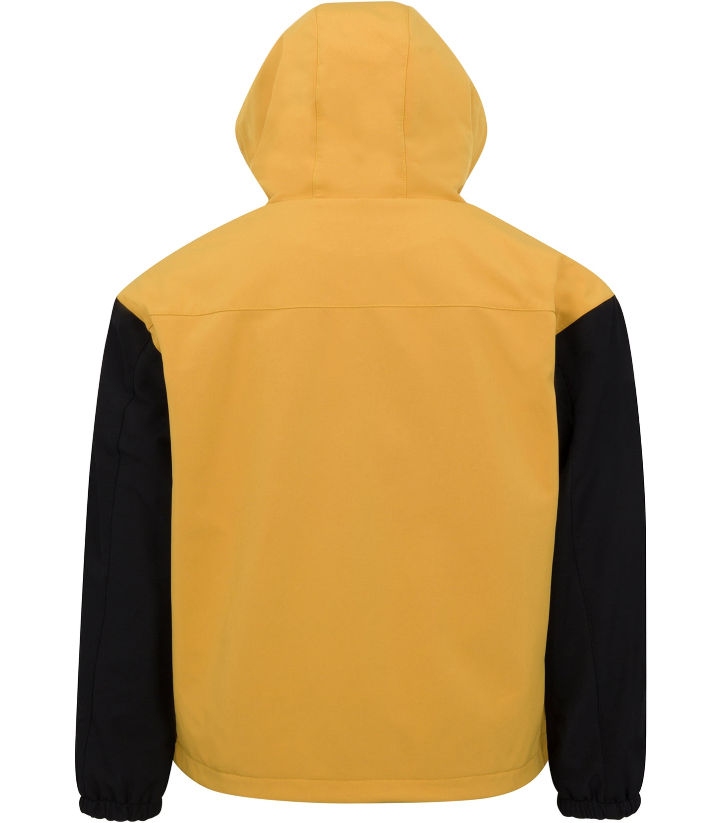 Back of 7K4 amber and black Heated Bomber jacket. Hood is up. Elastic cuffs cuffs. Entire back of jacket and hood is amber. Sleeves are black beginning just below the shoulder.
