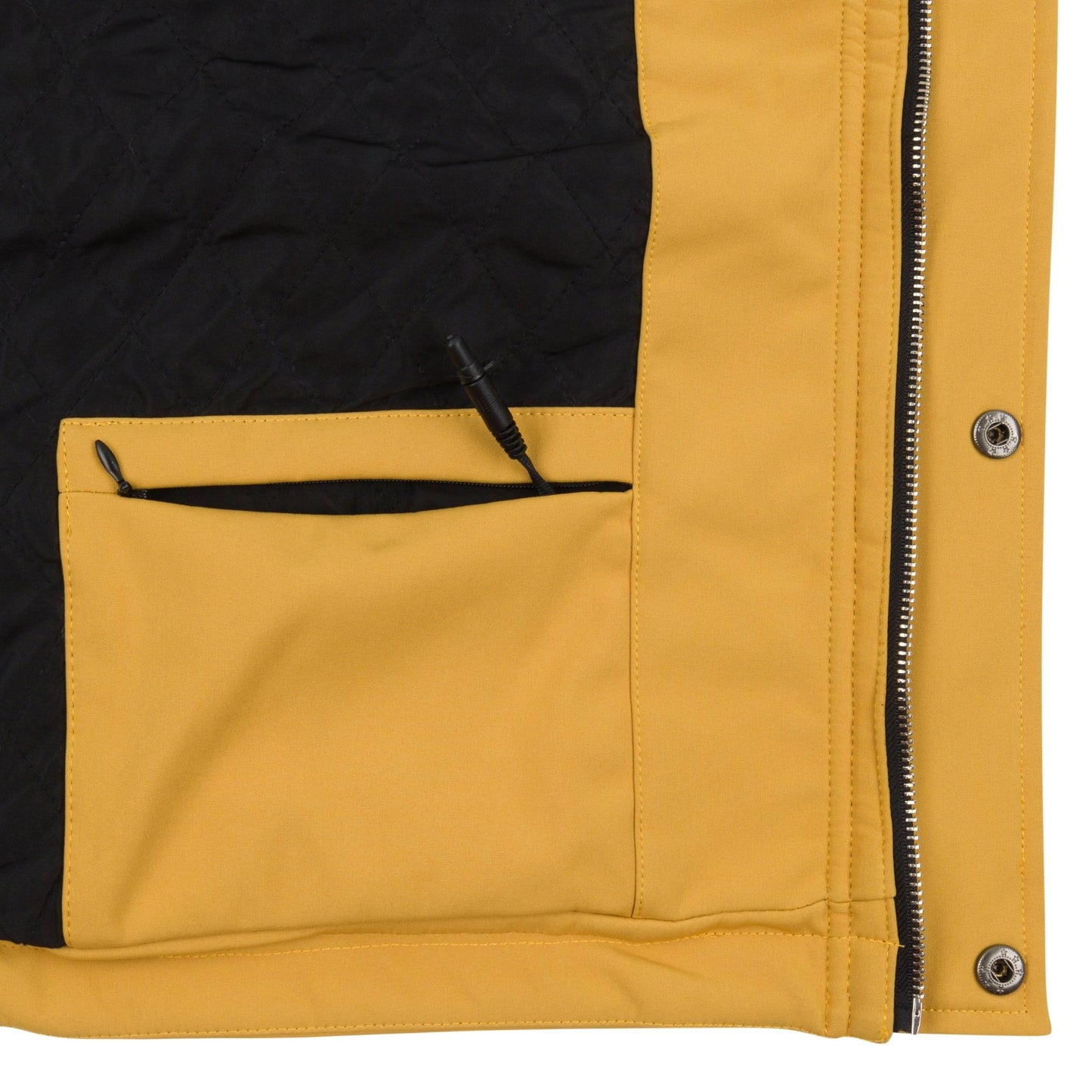 Close up of the interior jacket area on wearer's left side at the lower corner near the zipper. The battery storage pocket can be seen zipped open with the heating system connector wire protruding from the jacket, demonstrating where the small battery pack is stored. Interior quilted lining can be seen.