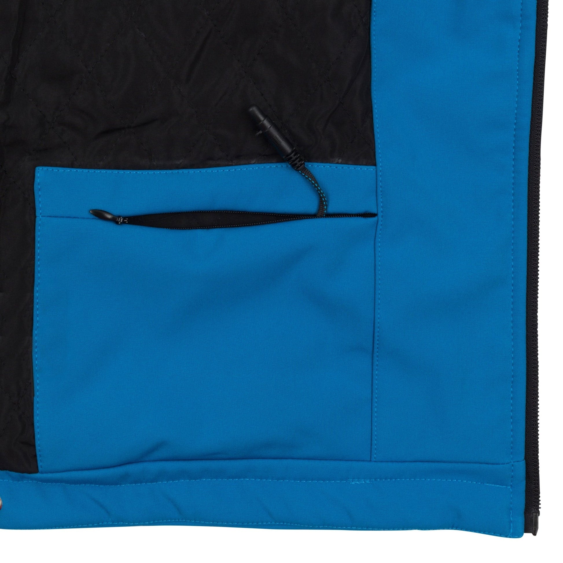 Close up of the interior jacket area on wearer's left side at the lower corner near the zipper. The battery storage pocket can be seen zipped open with the heating system connector wire protruding from the jacket, demonstrating where the small battery pack is stored. Interior quilted lining can be seen.